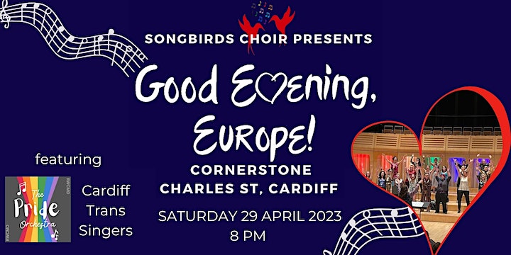 Good Evening, Europe poster! Saturday 29th April 2023 at Cornerstone on Charles Street, Cardiff.